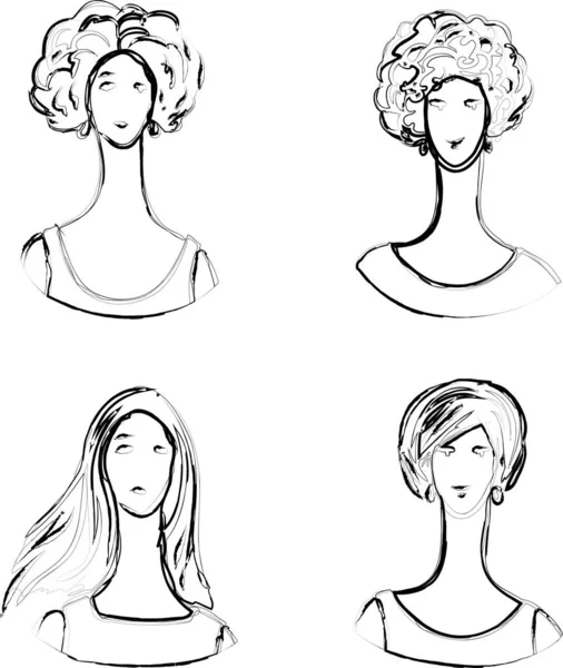 Dessins Contour Vectoriel Portraits Différentes Jeunes Femmes Modernes — Image vectorielle