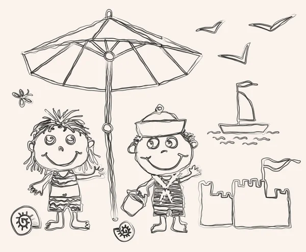 Vektorskizze Zeichnung Fröhlicher Kinder Strandurlaub — Stockvektor