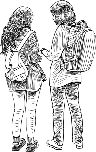 屋外で一緒に立っている学生カップルのフリーハンドの図面 — ストックベクタ