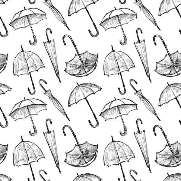 Seamless Pattern Sketches Various Opened Closed Umbrellas — Stock Vector