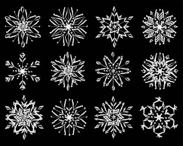 Set Vector Watercolor Brush Drawings Decorative Christmas Snowflakes — Stock Vector