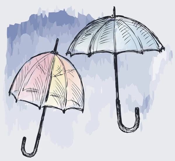 Dibujo Del Contorno Vectorial Dos Paraguas Abiertos Sobre Fondo Acuarela — Vector de stock
