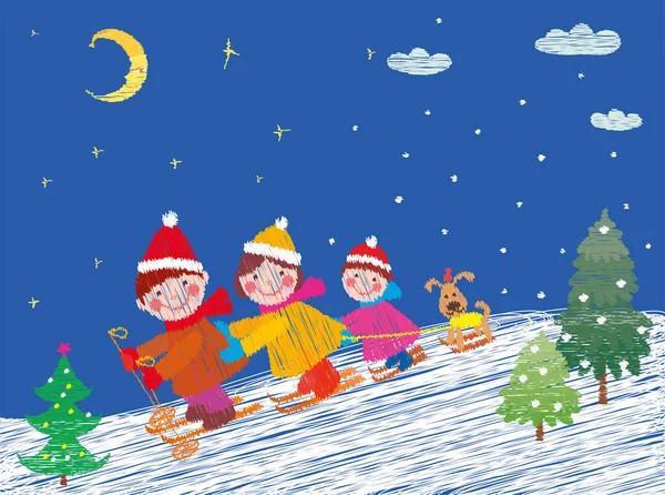 Vector Illustration Cheerful Family Skiing Cristmas Eve — Stock Vector