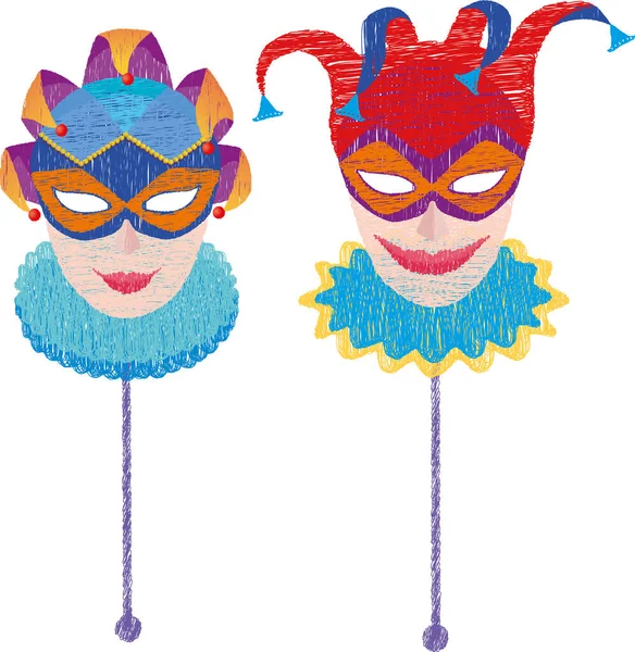 Vector Scribble Drawings Male Female Carnival Venetian Masks — Stock Vector