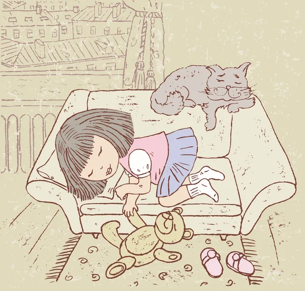 Durmiendo chica y gato — Archivo Imágenes Vectoriales