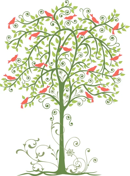 Aves y árbol — Vector de stock