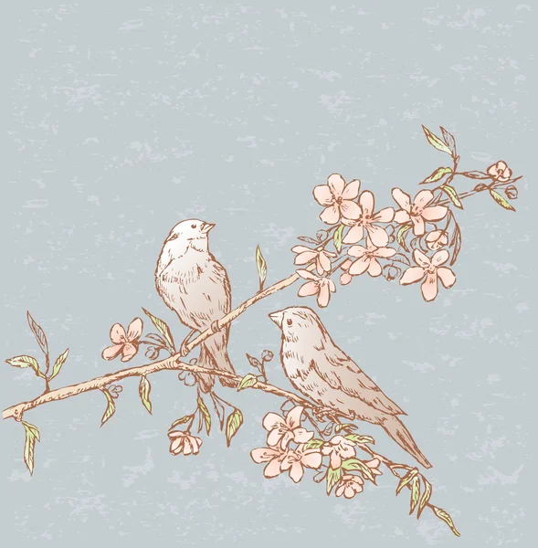 花をつけた枝上の鳥 — ストックベクタ