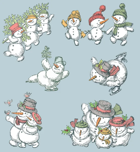 Cheerful snowmen set — Stock Vector