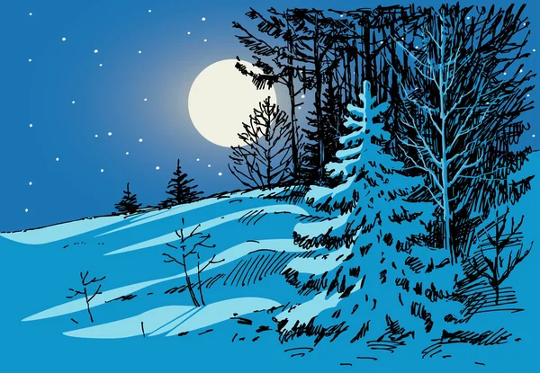 Noche de luna en el bosque de invierno — Vector de stock