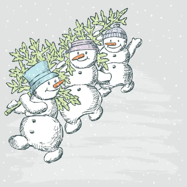 Snowmen with a fir tree — Stock Vector