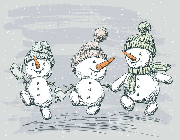 Three cheerful snowmen — Stock Vector