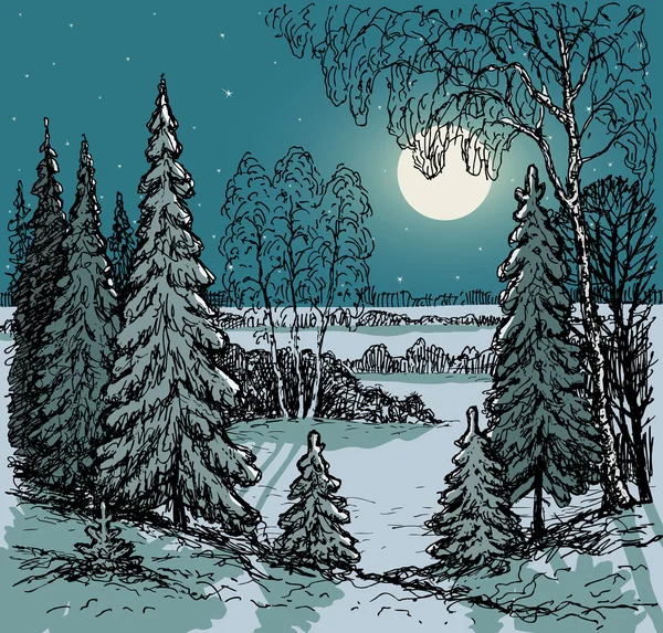 달빛 겨울 밤 — 스톡 벡터