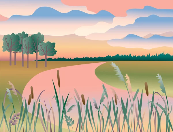 Amanecer en la orilla del río — Vector de stock