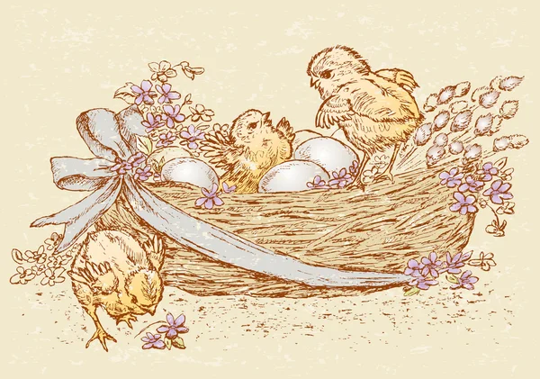 Easter basket en kippen — Stockvector