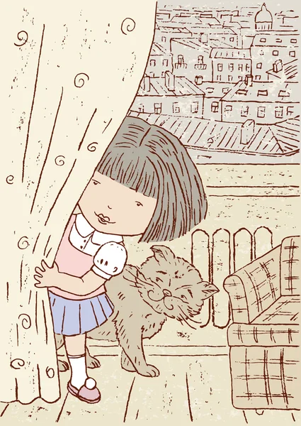 Kis lány és az ő macska — Stock Vector