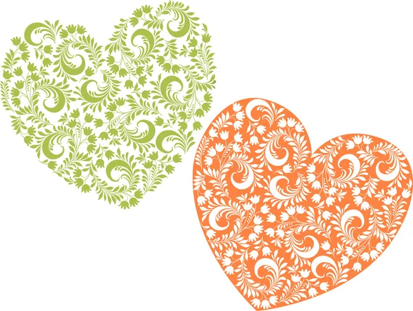 Corazones florales decorativos — Vector de stock