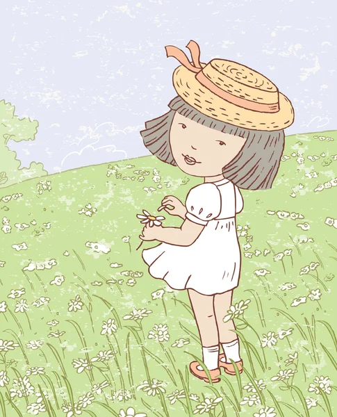 Chamomiles 的草地上的小女孩 — 图库矢量图片
