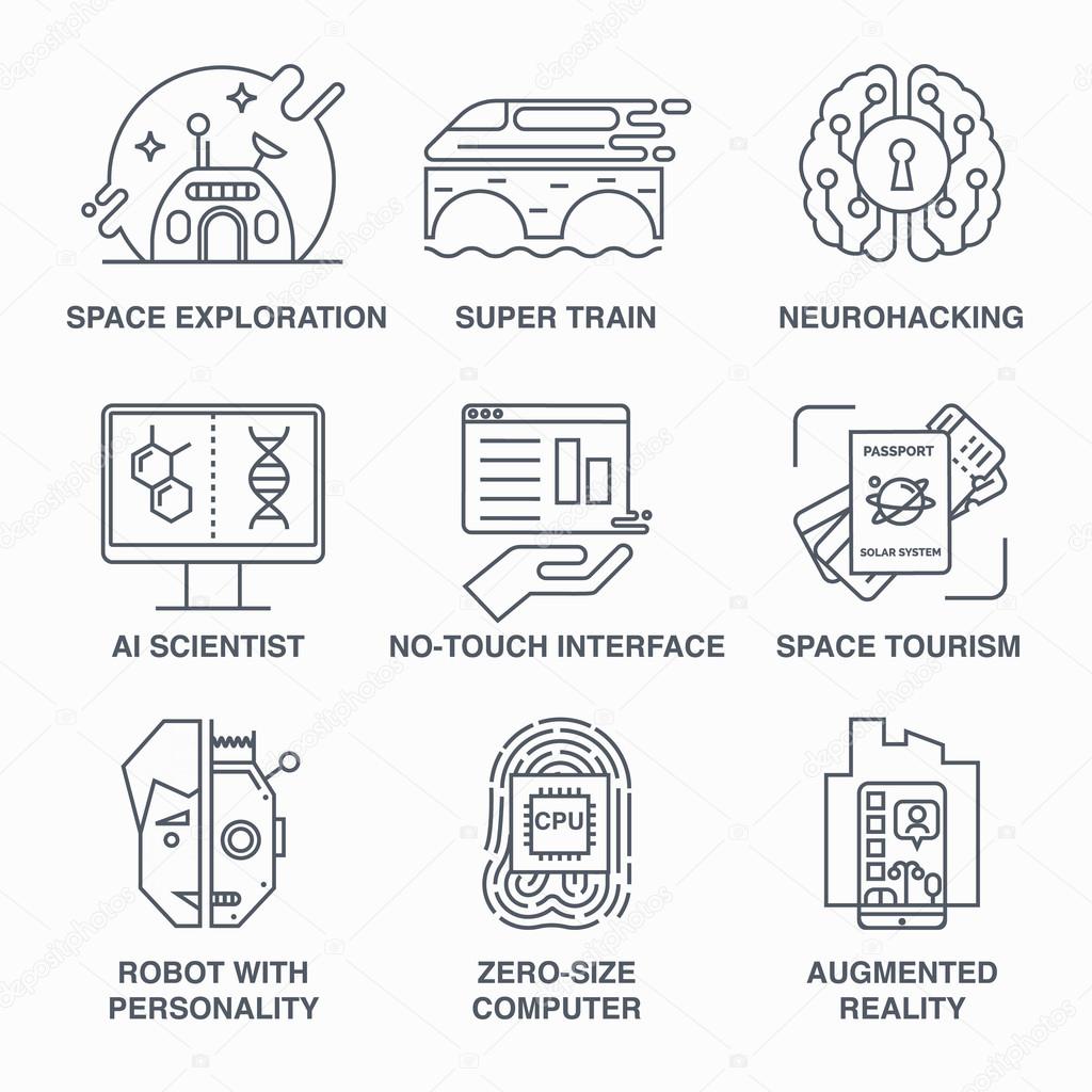 Incredible future technologies line icon set.