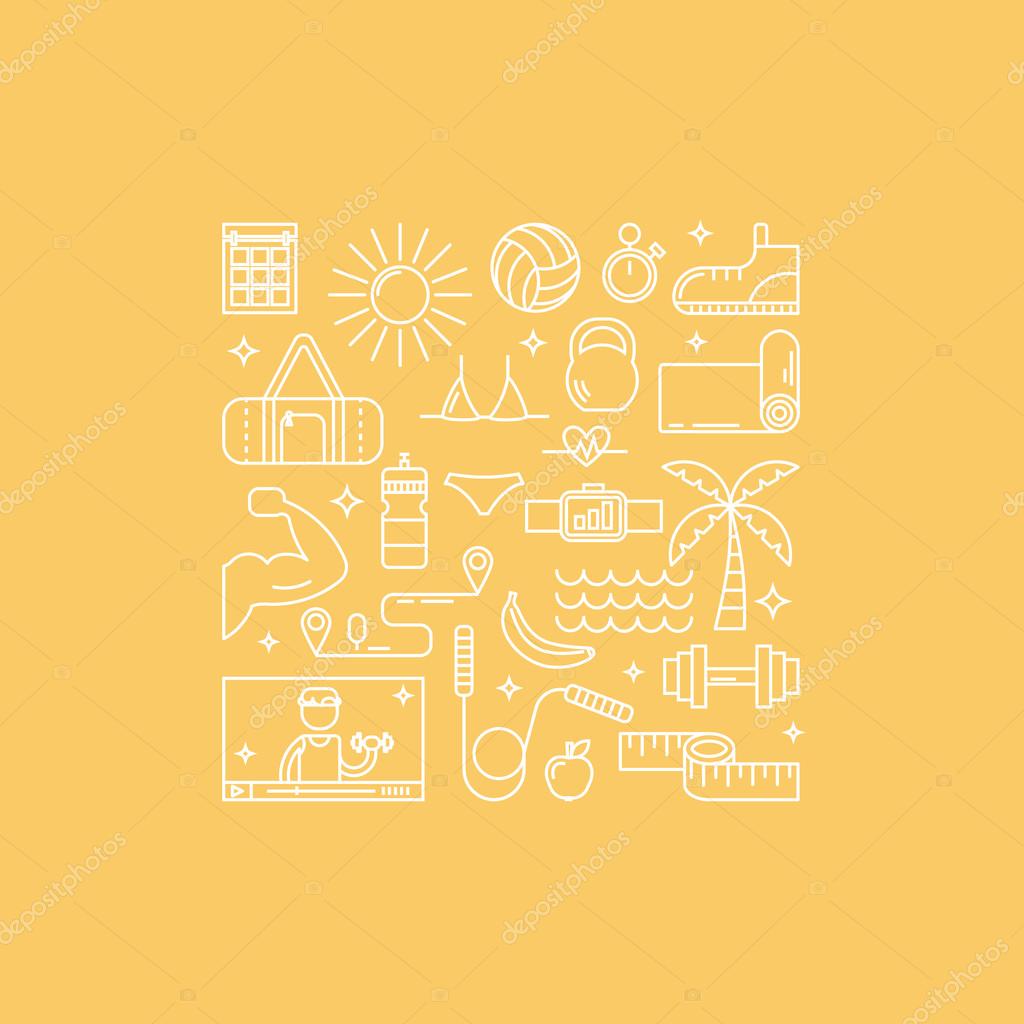 Sports gadgets and other elements for dieting and fitness training program. For websites, banners, print, blogs.