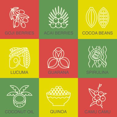 Superfoods satır Icons set.