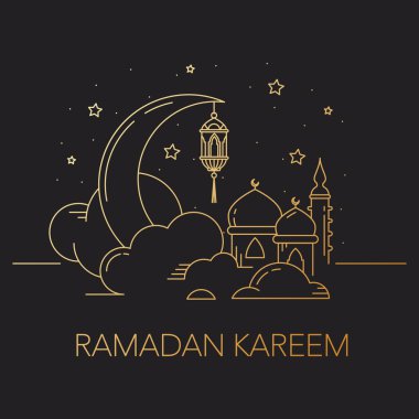 Ramazan Kareem arka plan ay, fener, cami bulutlar ile.