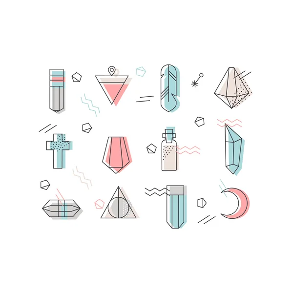 Reihe von Kristallen und anderen Symbolen mit geometrischen Formen. — Stockvektor
