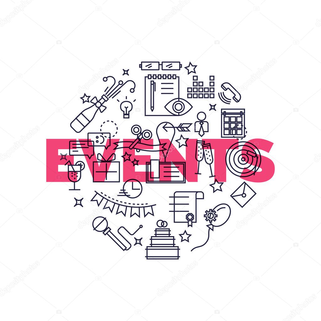 Flat design graphic event marketing concept, website elements. Special occasions organization, catering service, marketing agency.