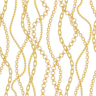 Altın zincirleri ve beyaz arka planda boncukları olan kusursuz bir desen. vektör illüstrasyonu