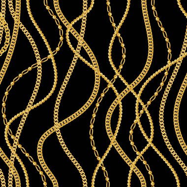 Altın zincirler siyah arka planda kusursuz desen. Lüks mücevherler. Tekstil, kumaş, duvar kağıtları, ambalaj, baskı için lüks moda baskısı.
