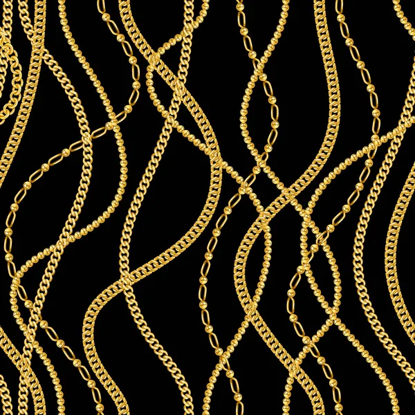 Altın zincirler siyah arka planda kusursuz desen. Lüks mücevherler. Tekstil, kumaş, duvar kağıtları, ambalaj, baskı için lüks moda baskısı.