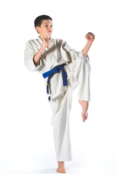 Karate boy en kimono luchando sobre un fondo blanco — Foto de Stock