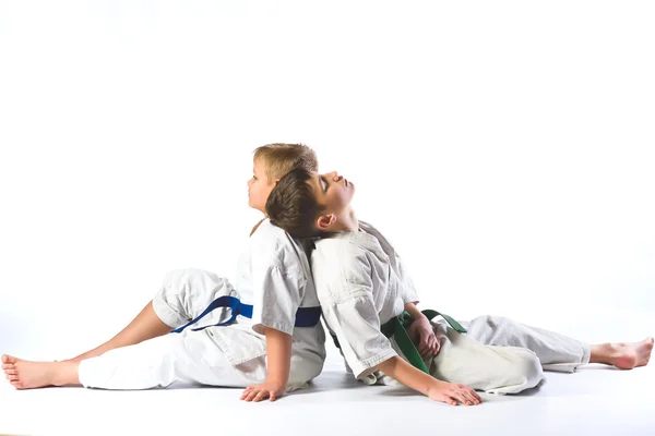 Pojkar i kimono under utbildningen karate övningar på vit bakgrund — Stockfoto