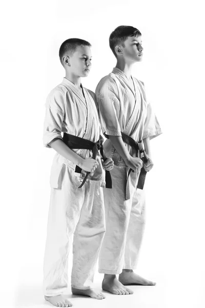 Karate boy en kimono luchando sobre un fondo blanco — Foto de Stock