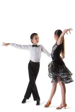 Erkek ve kız ya da beyaz arka planda etkin balo salonu dans güzel Çift