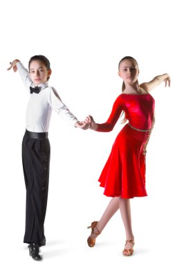 Erkek ve kız ya da beyaz arka planda etkin balo salonu dans güzel Çift