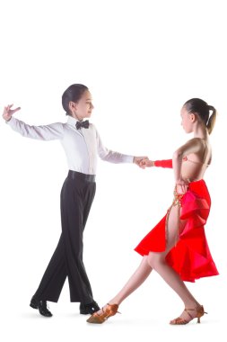 Erkek ve kız ya da beyaz arka planda etkin balo salonu dans güzel Çift