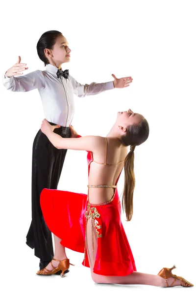 Niño y niña o hermosa pareja en el baile de salón activo sobre fondo blanco — Foto de Stock