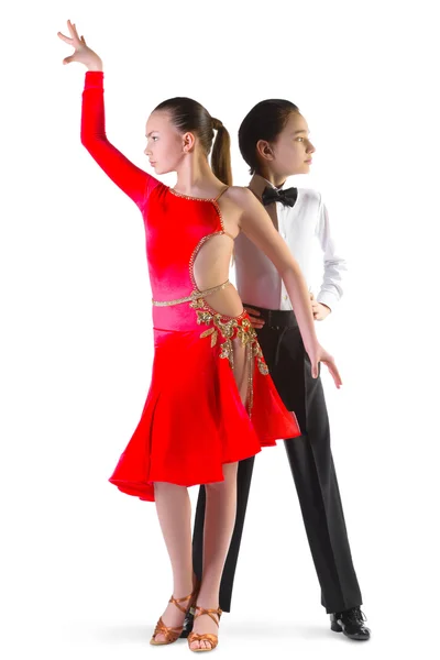 Boy and girl or beautiful couple in the active ballroom dance on white background — Stock Photo, Image