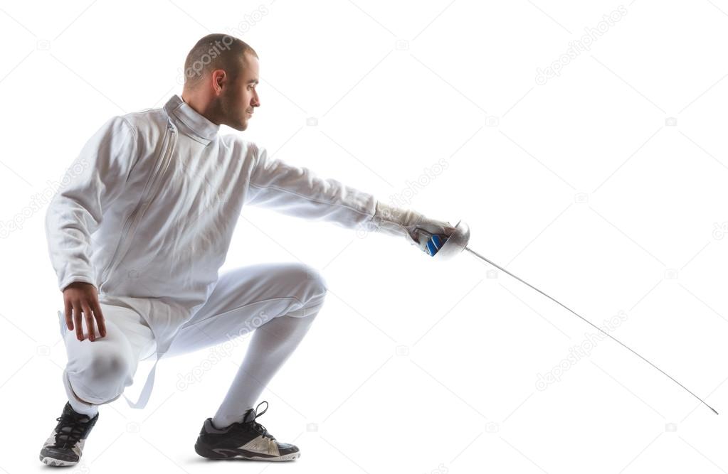 Fencing athlete wins the competition isolated in white background
