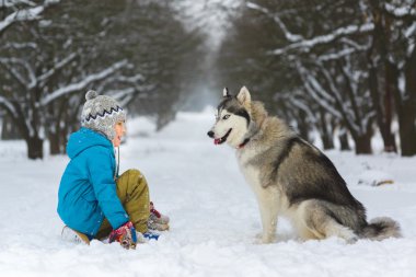 mutlu çocuk köpek husky açık havada kış günde oynayın