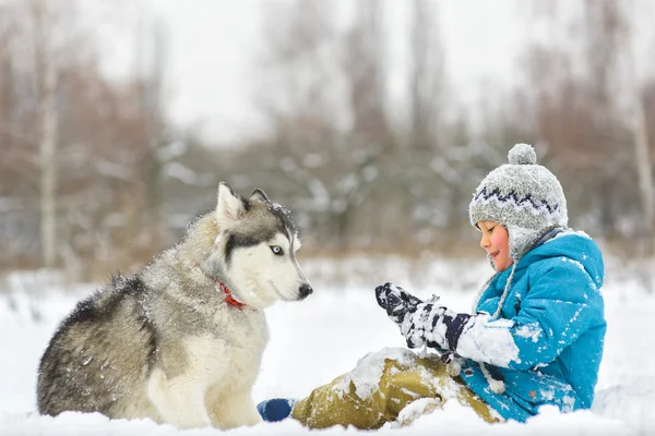 Счастливый мальчик играет с собакой или хаски на улице в зимний день — стоковое фото
