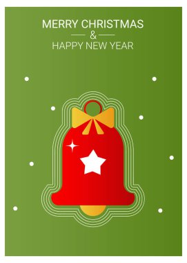 Mutlu Noeller ve mutlu yıllar tebrik kartı. Yeşil arka planda minimalist geometrik çan. Retro pankart, poster. Vektör illüstrasyonu.