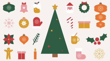 Bir dizi minimalist geometrik Noel elementi. Geçmişe dönük yeni yıl ikonları. Vektör.