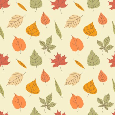 Farklı yapraklarla sonbahar deseni. Vektör kusursuz dokusu.