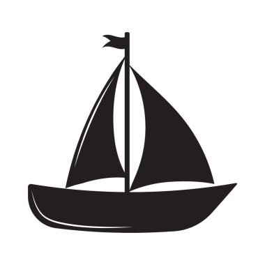 Siyah tekne simgesi beyaz arkaplanda izole edildi. Düz bir yelkenli siluetinin vektör çizimi.