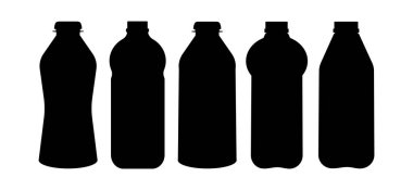 Plastik şişe ikonları. Su şişesi siluetleri koleksiyonu. Vektör illüstrasyonu.