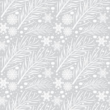Çam dalları ve kar taneleri ile şenliksiz kış deseni. Noel ve Yeni Yıl illüstrasyonu. Vektör.