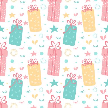 El yapımı hediye kutularının kusursuz deseni. Tatil vektörü çizimi. Sonsuz arkaplan.
