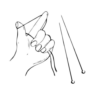 Örgü örüyorum. Örgü iğneleri ve ipliklerle el ele tutuşuyorum. Döküm sahnesi. El çizimi biçiminde vektör illüstrasyonu.