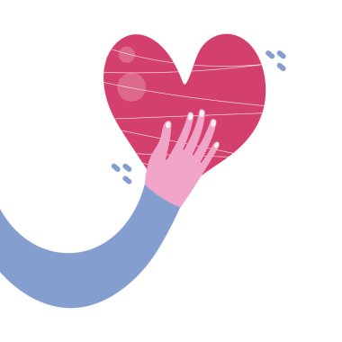 El ele tutuşan kalp, beyaz arka planda izole edilmiş. Sevgililer Günü, romantizm. Hayırseverlik, hayırseverlik, sosyal yardım tasarımı. Sevgi ve şefkat kavramı. Vektör illüstrasyonu.